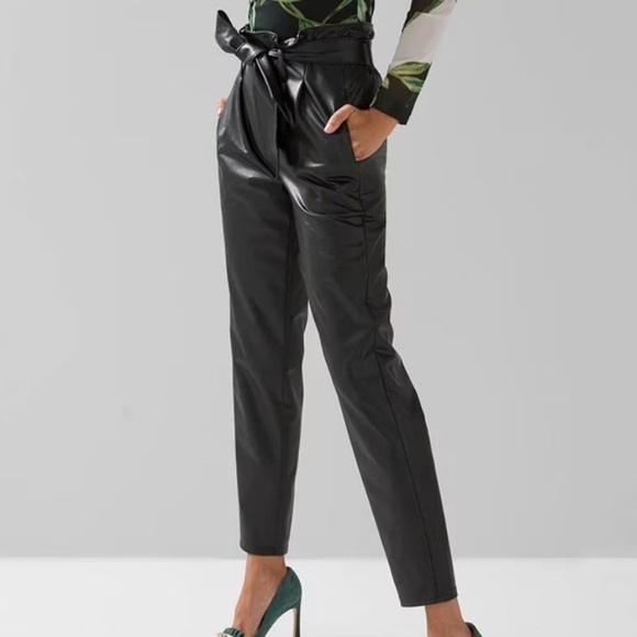 WHBM 14 Faux Leather Tapered‎ Ankle Black Career Office Pants Work Paperbag - Picture 1 of 13